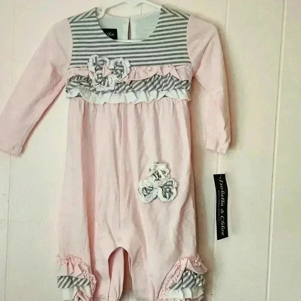 Isabella& Chloe NWT 12M Pink& Gray Baby Romper